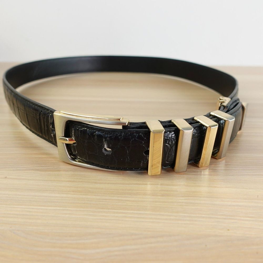 Studded Crocodile Leather Belt 36 Black Embossed Croco MEDIUM Brass Buckle Dress